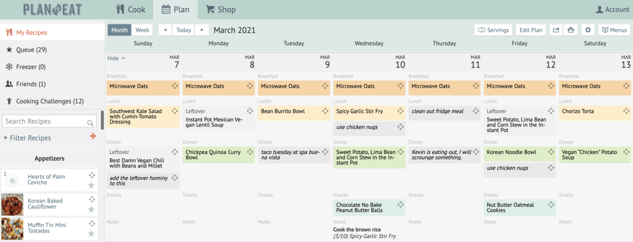 screenshot of plan to eat tool's web interface.