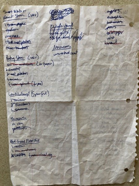 handwritten paper shopping list.