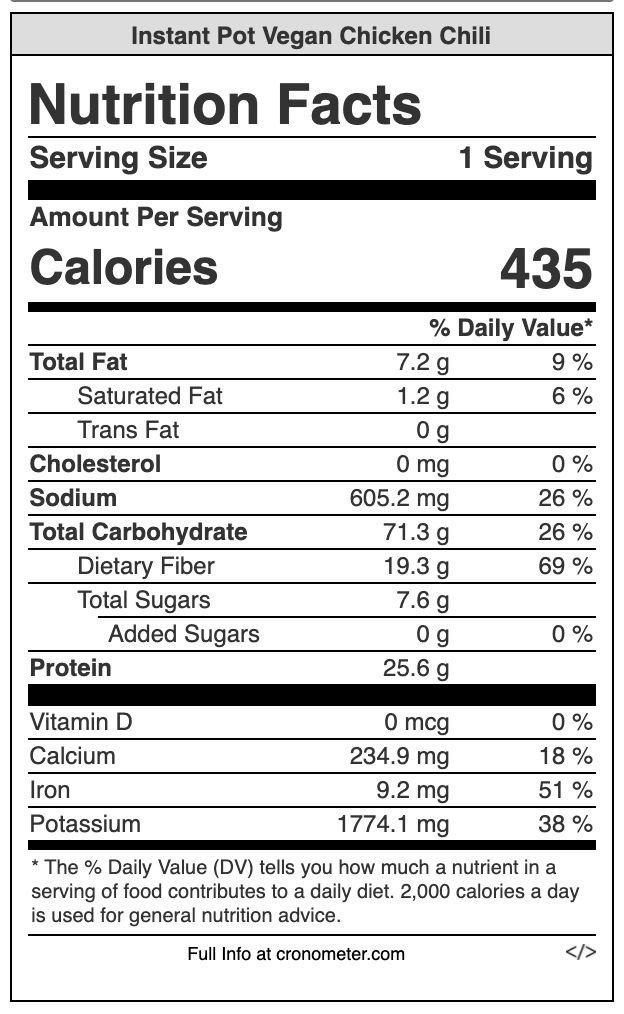 nutritional information for instant pot vegan chicken chili.