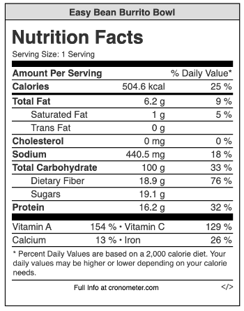 easy bean burrito bowl nutritional info.