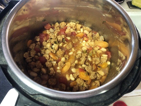 vegan chicken chili ingredients in an instant pot.