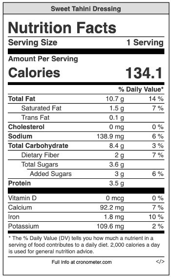 nutritional information for sweet tahini dressing.