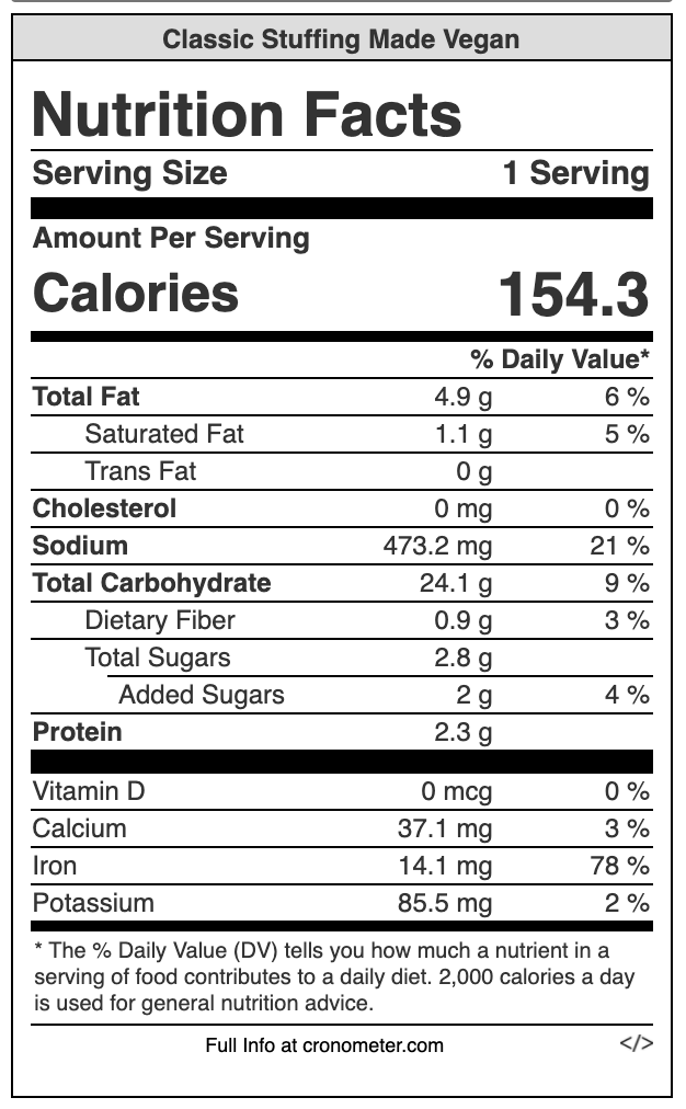 nutrition info for classic stuffing made vegan.