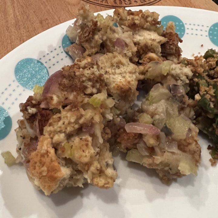 prepared vegan stuffing from a mix on a plate.