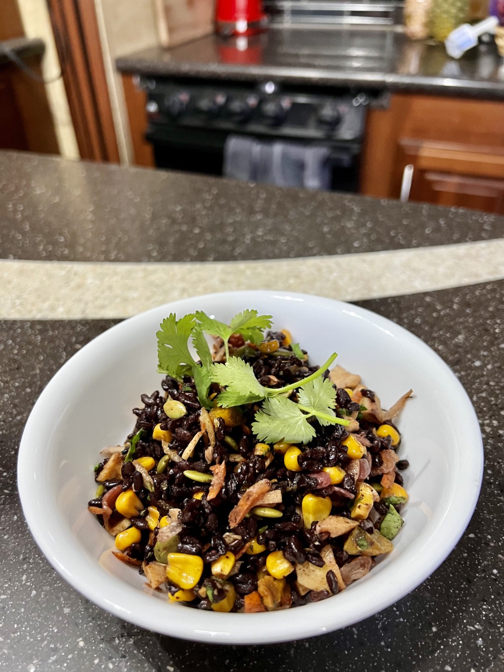 autumn black rice salad in a white bowl with a sprig of cilantro on a counter.