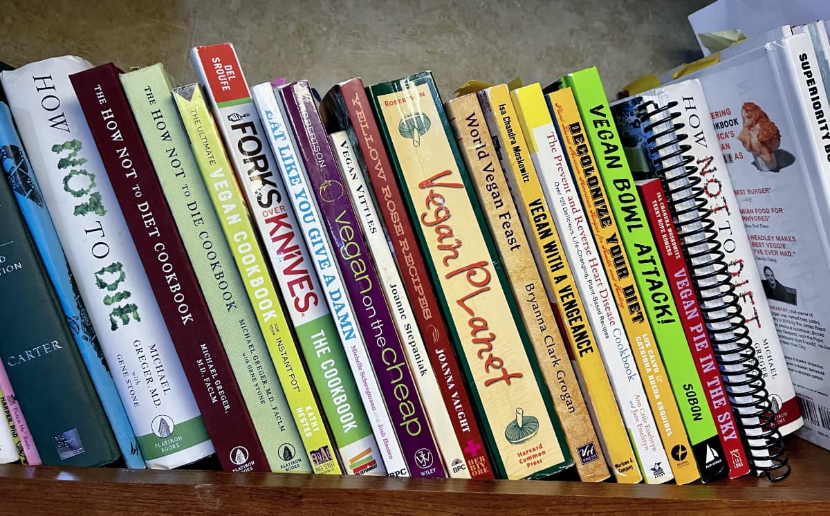 row of vegan cookbooks.