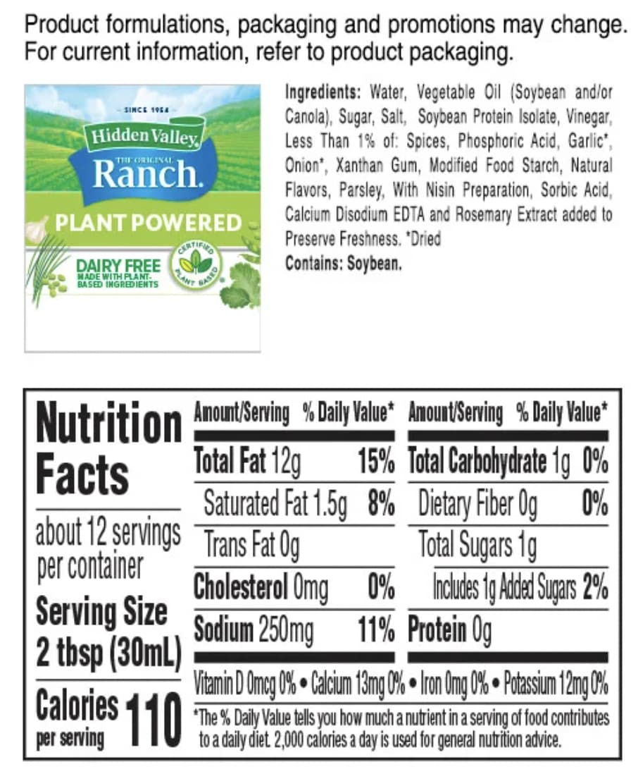 nutritional information for plant based ranch.