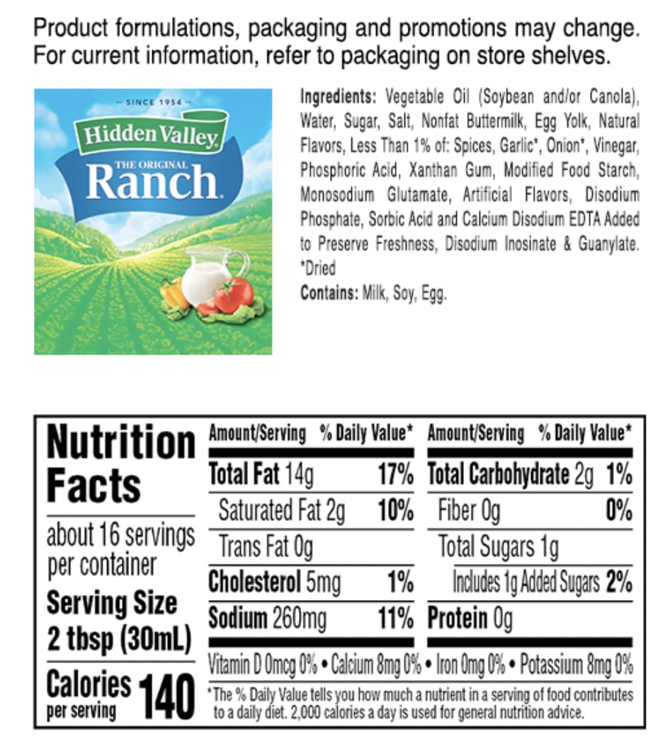 nutritional information for original ranch.
